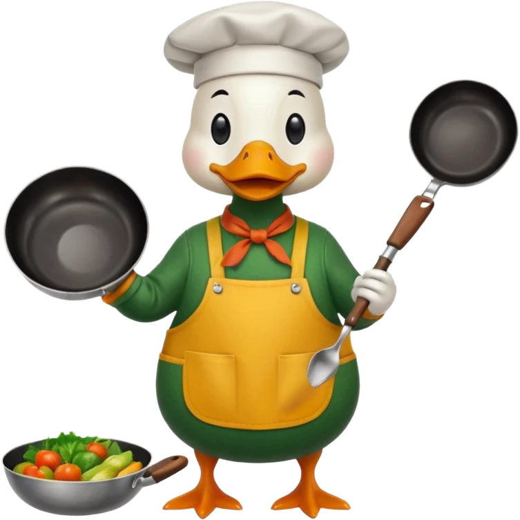 A duck holding a frying pan with vegetables, wearing green apron emoji