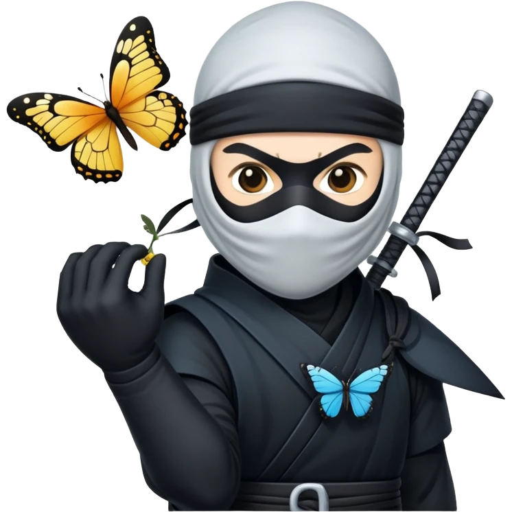 Crea una imagen con estos dos emoji 🥷🏻🦋
él ninja de piel blanca con la mariposa posada en el hombro como si estuviera volando. emoji