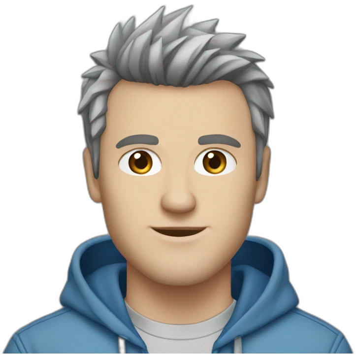white male adult, Dark Brown Spikey Hair, Blue Eyes, Grey Hoodie, Blue Jeans, Converse shoes emoji
