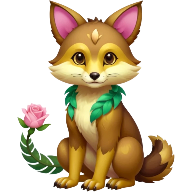 Colorful brown with rose pink, yellow-beige-cream, jade-green tropical exotic shiny beautiful fantasy-Vernid-Cacomistle-animal-Fakémon-hybrid-fursona (full body) emoji