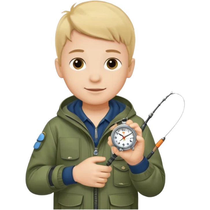 Boy in fishing suit looking at his wristwatch emoji