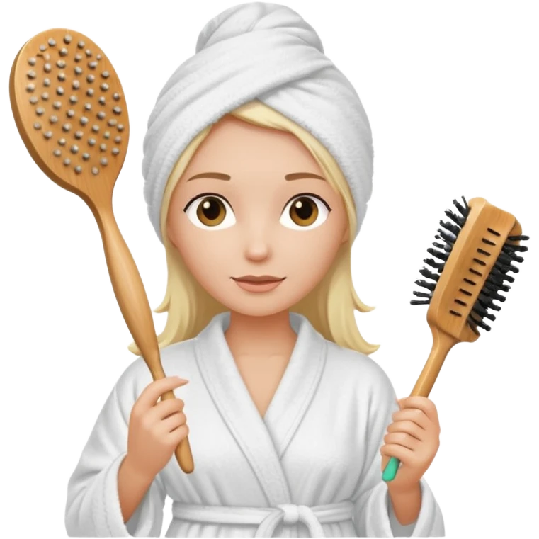 Women wearing shower robe an their hair with towel holding a brush emoji