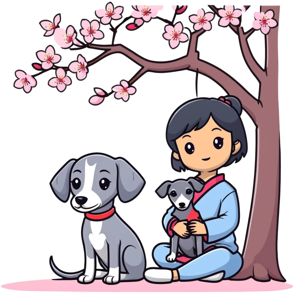 A young Chinese girl with long black hair and a dark grey Italian Greyhound with absolutely no white marks on its body or nose sitting under a cherry blossom tree emoji