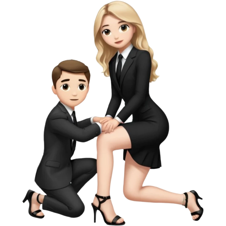  Sabrina carpenter kneeling down wearing a black dress with a tie with black heel sandals, putting her hand on man’s leg  emoji