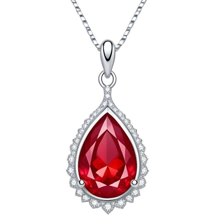 teardrop ruby pendant with fiery light, tiny phoenix feather emerging, haloed by shimmering white stones, silver chain like liquid moonlight emoji