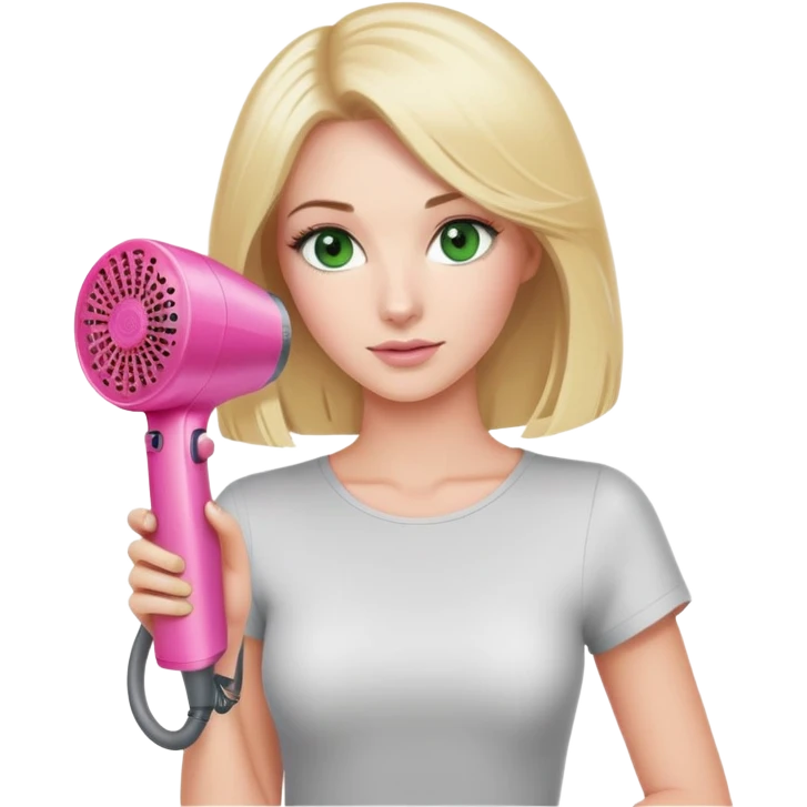 blonde woman with green eyes holding a pink Dyson hair dryer, simple pose emoji