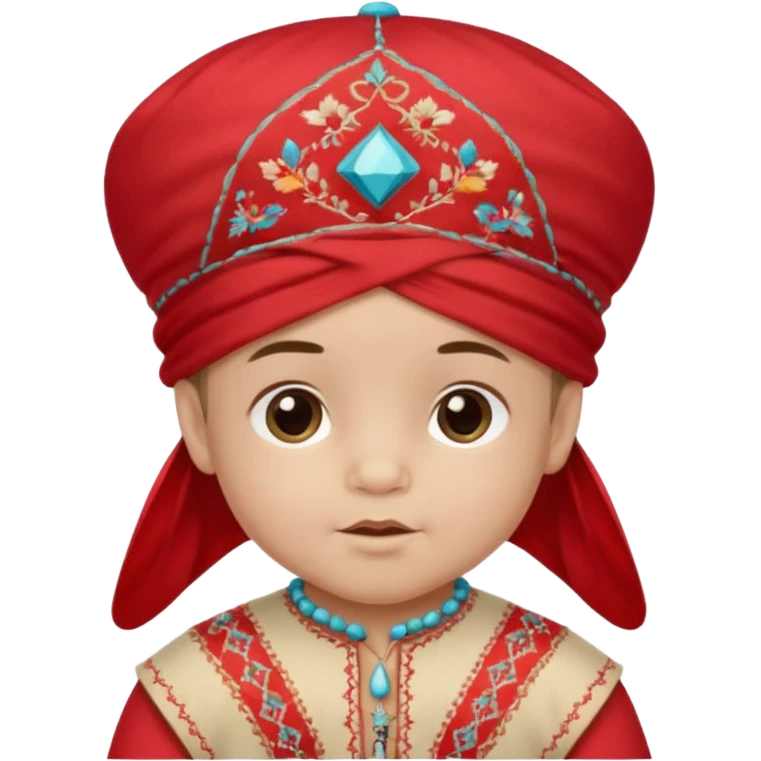  baby boy dressed in colorful ghalibiya with delicate decorations with a red Moracain hat  emoji