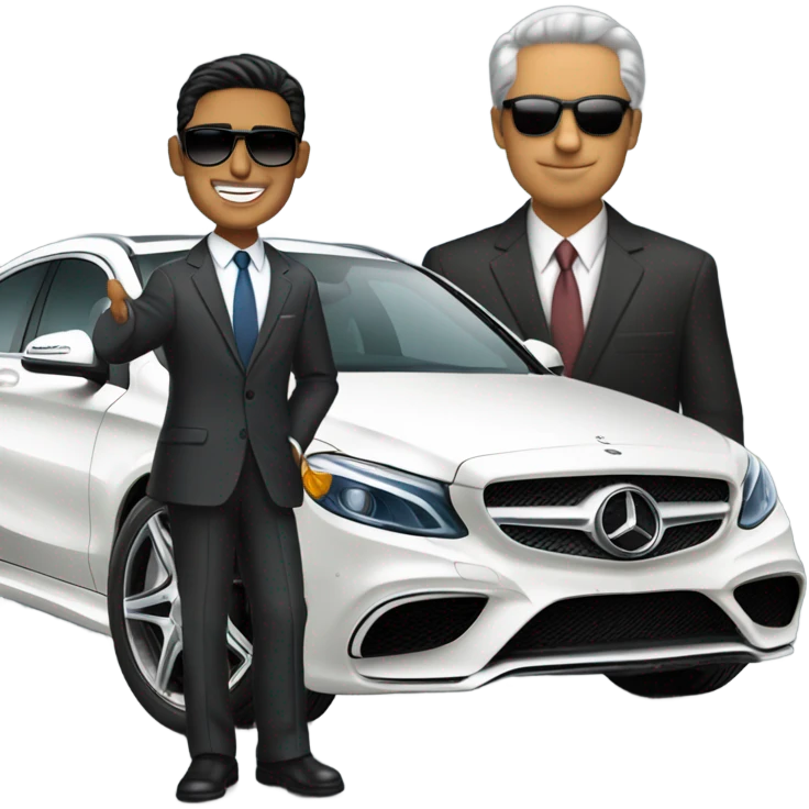 Latino Businessman with sunglasses standing in front of Mercedes emoji