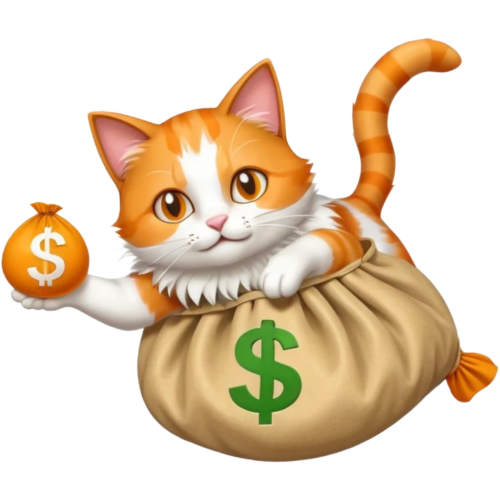energetic cat diving into a classic money bag with visible dollar sign, modern twist, emoji style emoji