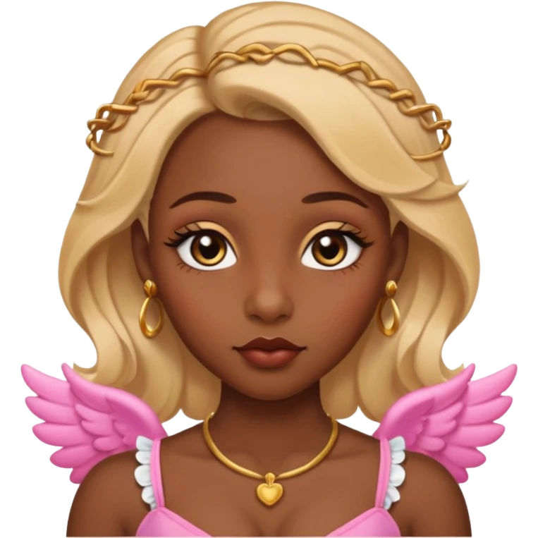 darkskin female with eyebrows that are naturally shaped and frame eyes well, eyes that are almond-shaped with defined lashes. nd lips are full with a defined cupid’s bow, add also a septum piercing that adds an edgy, stylish flair. a middle-part, honey blonde bust-down with laid baby hairs emoji