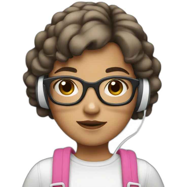 young girl with gray glasses and a short brown haircut with white headphones and a pink bag emoji