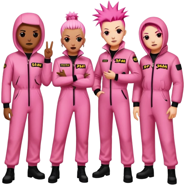 punk artists in pink jumpsuits protesting for spam meat as art emoji