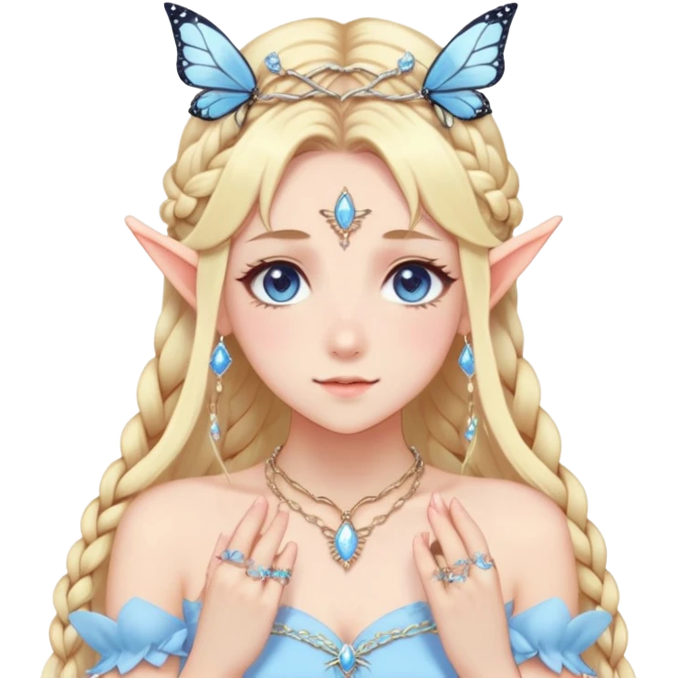 Pretty pastel aesthetic blushing anime lady with a pastel-blue dress, sparkly tiara, long beautiful blonde braided hair, necklaces, bracelets, epic aesthetic, rings, elf ears, butterfly ears, fairycore, pastelcore  emoji