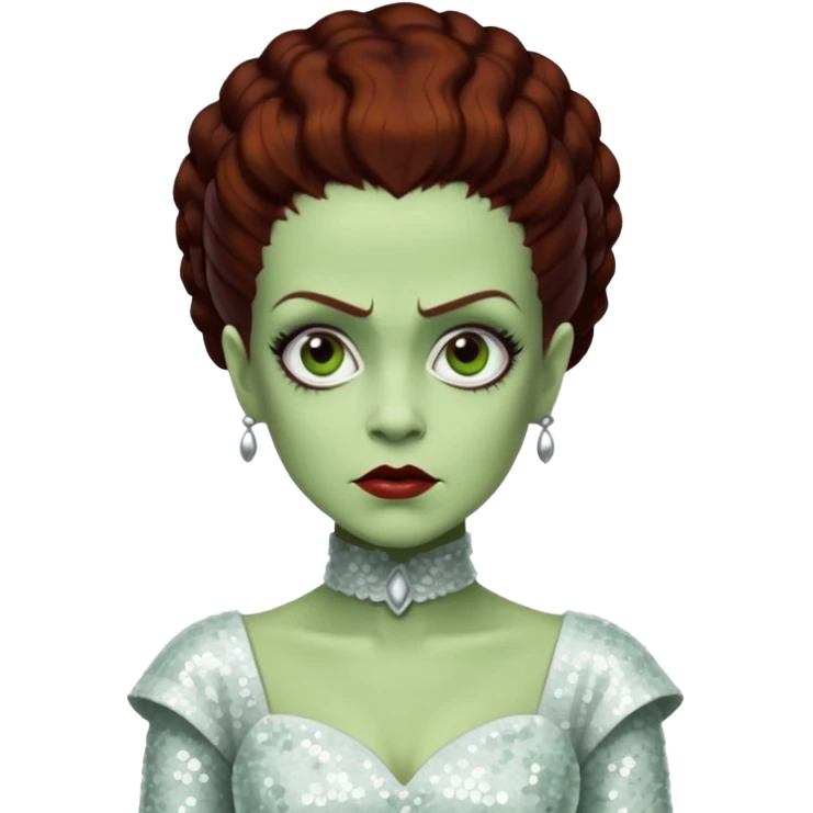 Bride of Frankenstein from Universal Monsters with pale greenish skin, dark auburn hair, white sequin outfit emoji