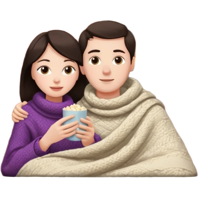 woman with dark hair with her husband at home near chimney watching movie under blanket cozy vibe emoji