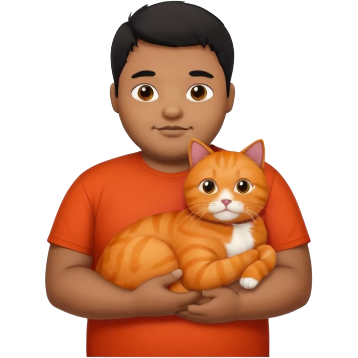Indian black chubby guy with black hair in red t-shit with orange cat emoji