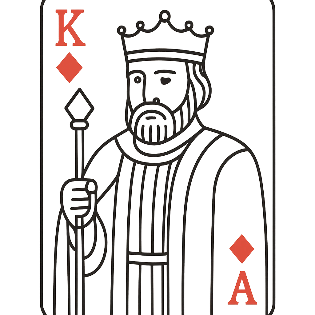 A regal king playing card character with a crown and beard, holding a scepter, in minimal line art style emoji
