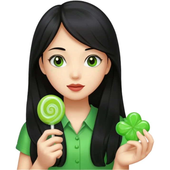 A girl with long black hair holding a piece of green hard candy in one hand and a green candy wrapper showing a guava on it in the other hand emoji