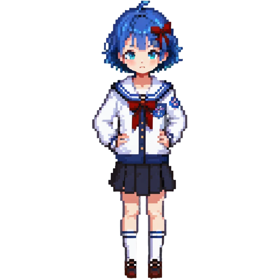 Pixel art anime girl with short bright blue hair wearing Japanese sailor style school uniform, standing with hand on hip but shyly glancing down with a small blush, small timid wave, very shy emoji