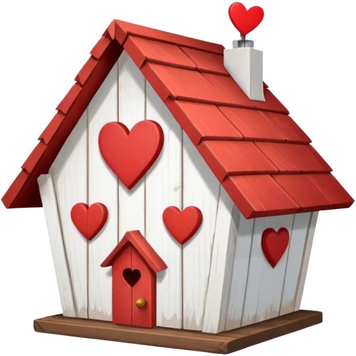 a birdhouse with a red roof with the rest white and a heart at the top but below the roof emoji