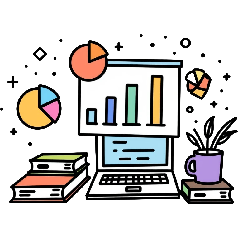 academic research with books, laptop and data charts emoji