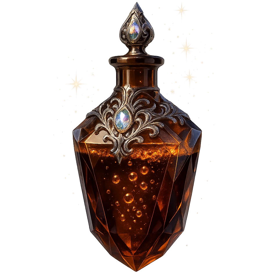 luxurious crystal elixir bottle in coffee bottle shape, rich coffee brown color, bubbling effect inside, ornate silver and iridescent details, magical glowing and sparkling effects, very small neck, seamless bottom, transparent background, bottle clearly floating in air, no base or shadow, modern, collection style emoji
