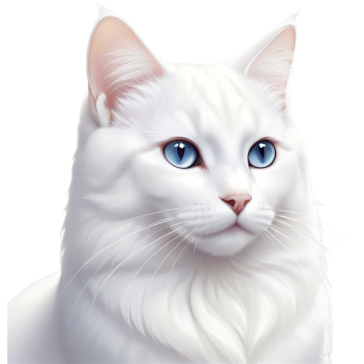 Cinematic Noble White Cat Portrait Emoji, Poised and stately, with a pristine, snow-white fur accented by delicate hints of silver, refined whiskers and a serene, focused gaze, simplified yet impeccably detailed, glowing with an ethereal radiance and timeless elegance, high shine, exuding calm intelligence and regal simplicity, soft glowing outline, capturing the essence of a noble white cat that radiates quiet majesty! emoji