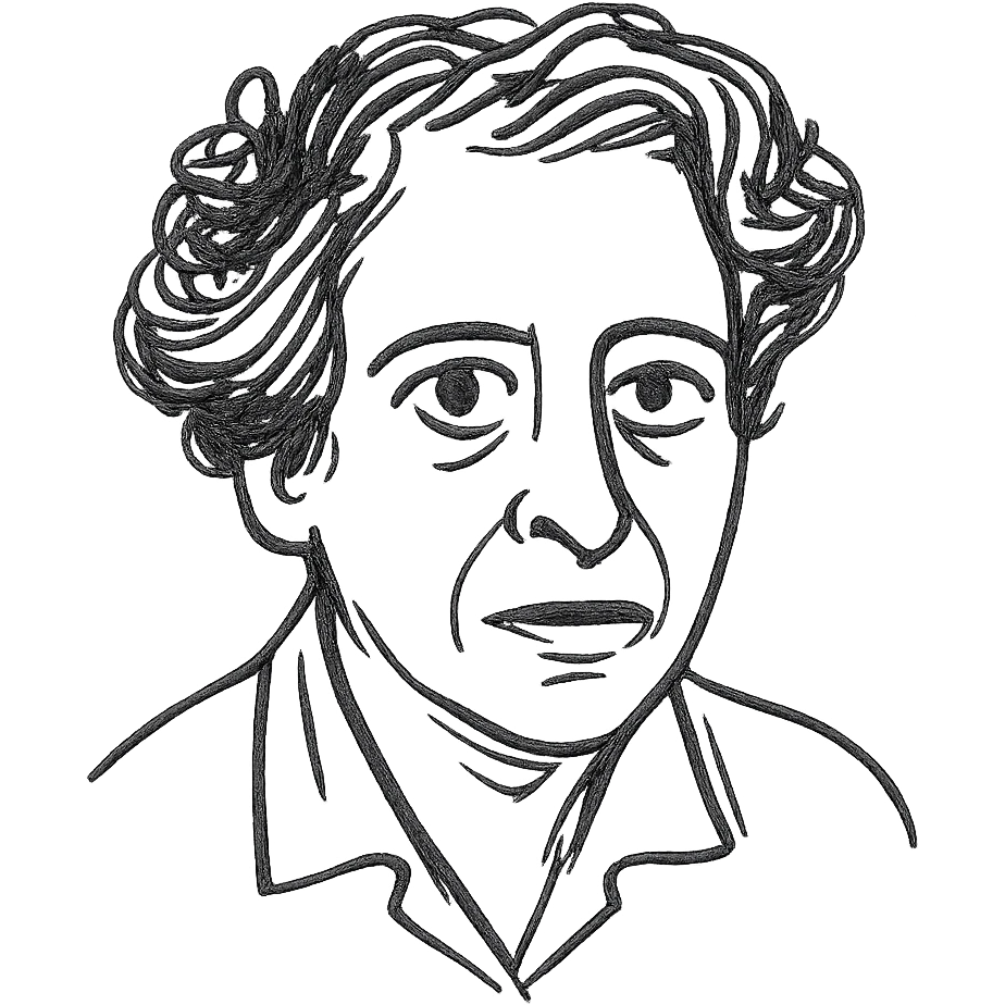 a hand drawn black outline portrait of Hannah Arendt with similar size eyes based a famous photograph of her emoji
