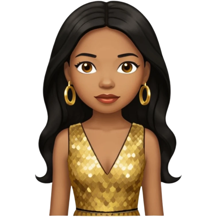 Michelle Williams R&B Singer, Long Black Hair, Medium Dark Skin, Brown Eyes, Gold Dress with earrings emoji