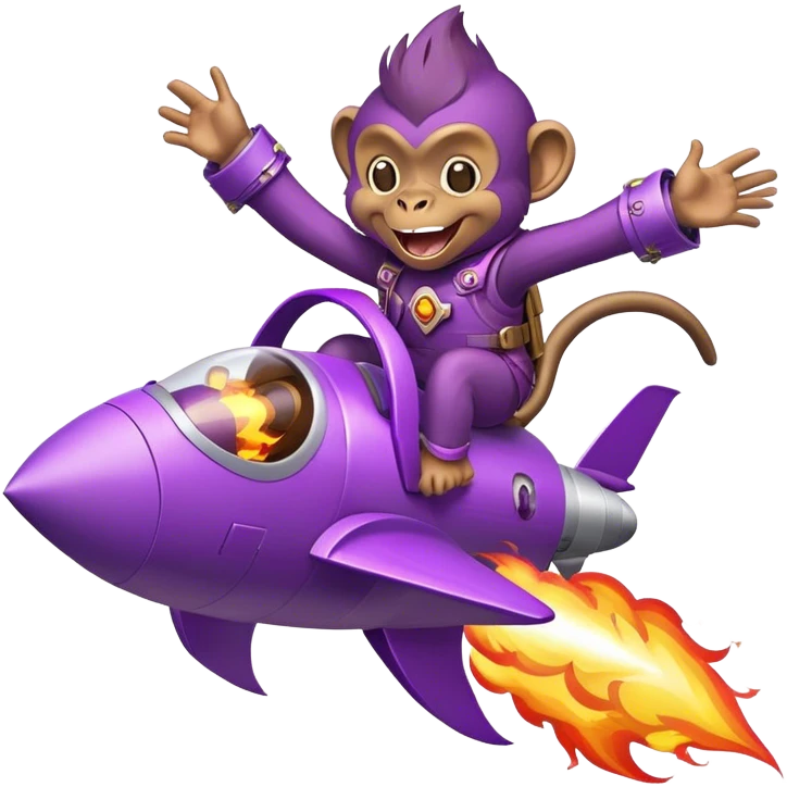 purple punk laughing monkey flying in a rocket with fire emoji