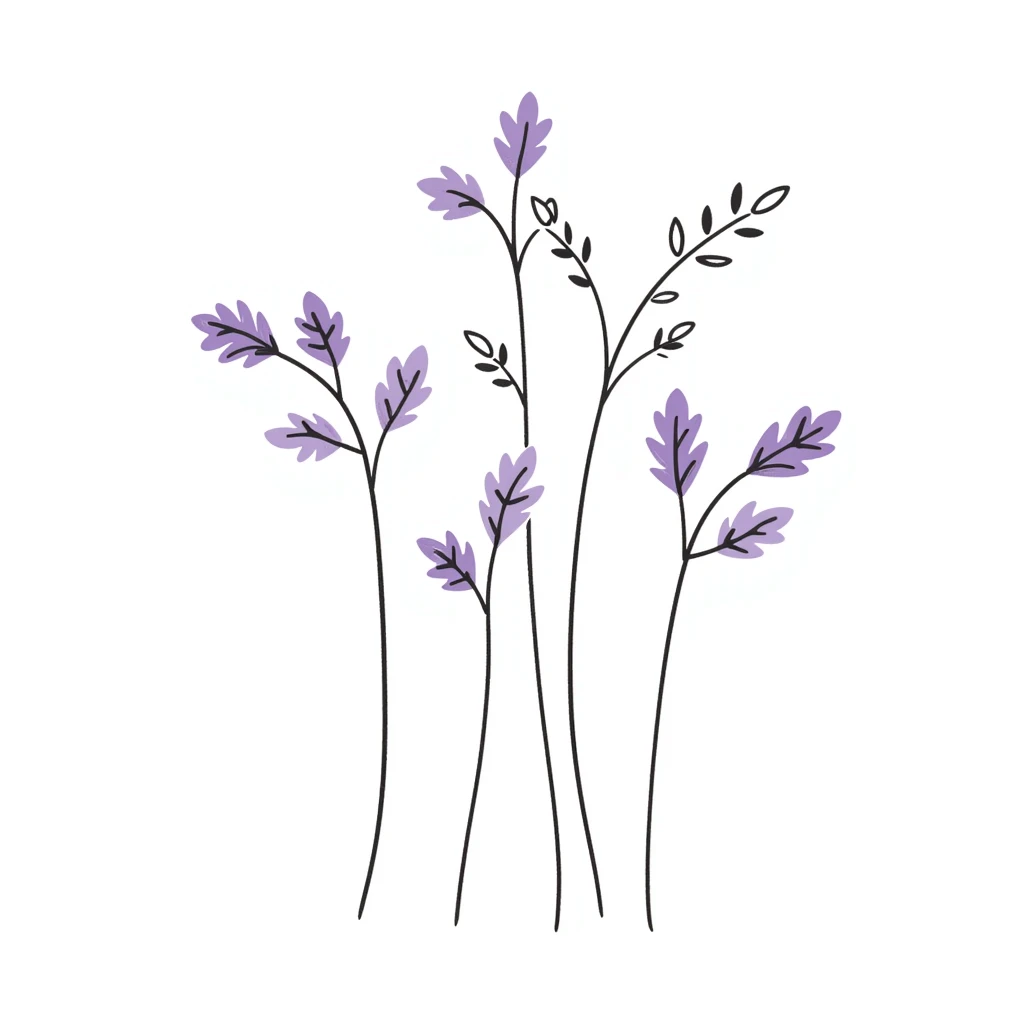 Lilac flowers with branches and leaves in pastel colors (dd9fb0, ffc6d3, a3bfc9, c4bee2, f1b091), hand-drawn doodle style emoji