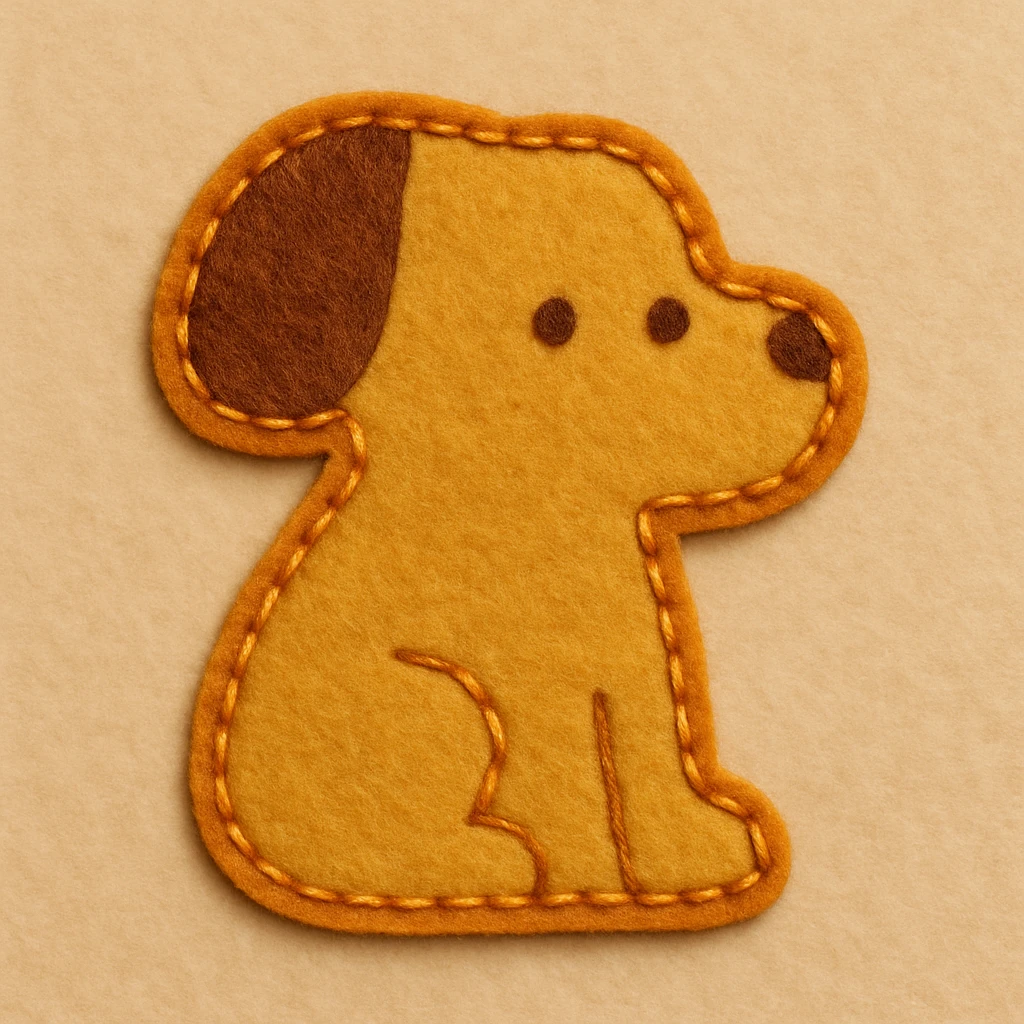 Minimal felt appliqué dog icon, low-detail, smooth rounded edges, moderate contrast orange stitched border, soft matte felt texture, warm brown and yellow palette, small dot eyes, no mouth, flat angle, soft beige background emoji