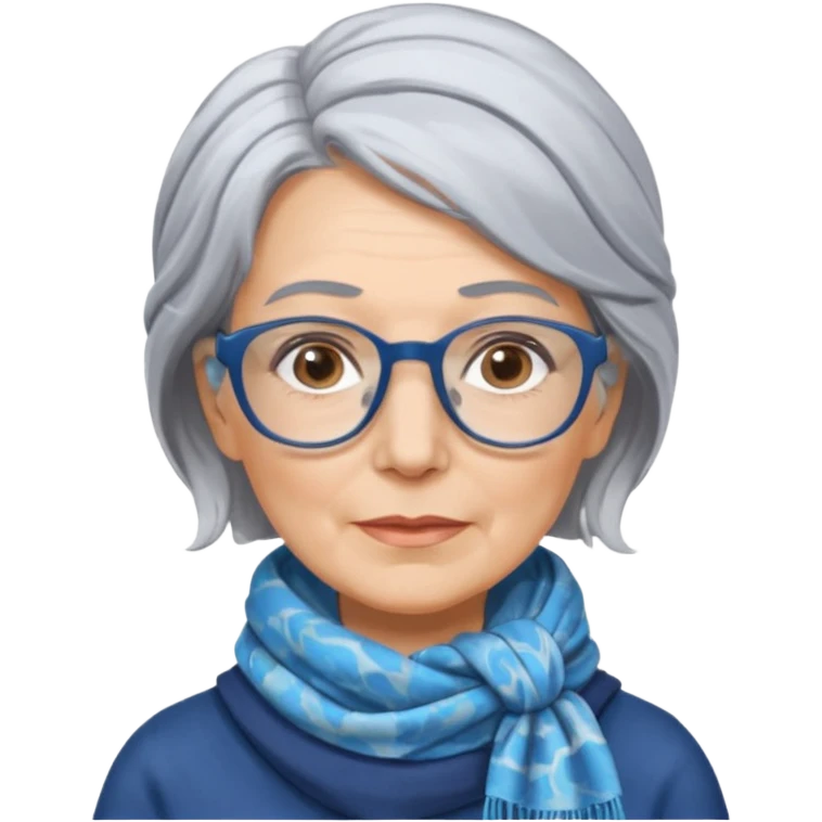 Older woman, shoulder length gray hair, wearing a scarf tied behind head, marbled blue rectangular glasses  emoji