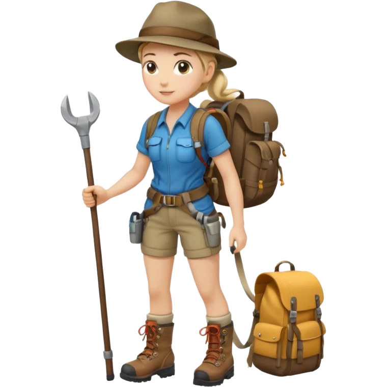 A female explorer with ponytail, backpack full of tools, confident and determined.
 emoji