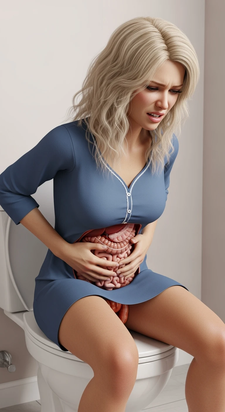 DONNA CON MAL DI PANCIA SEDUTA SUL WC MENTRE SI SFORZA, INTESTINO UMANO ANATOMICO IN EVIDENZA, IPERREALISTICA 4K, SFONDO BIANCO emoji