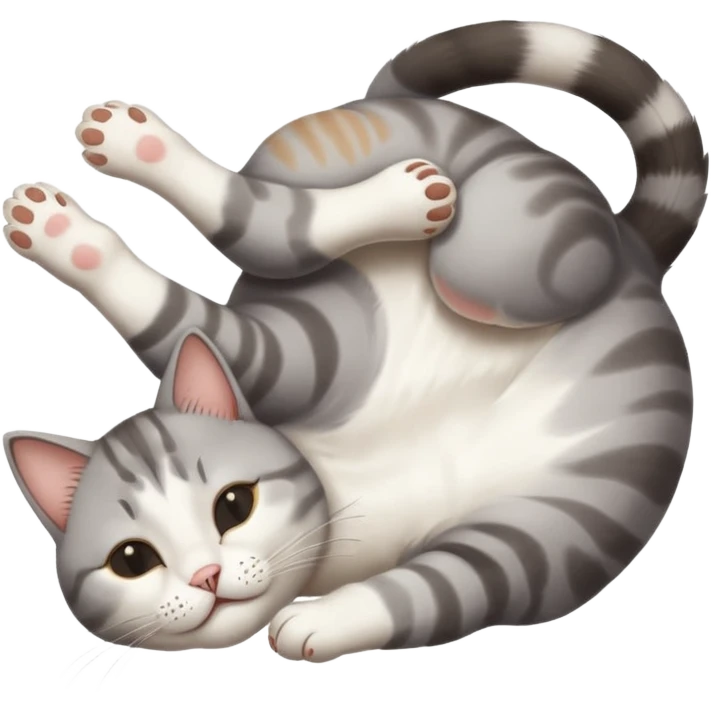 grey and white small cat with eyes closed lying down upside down with paws stretched out straight vertically  emoji