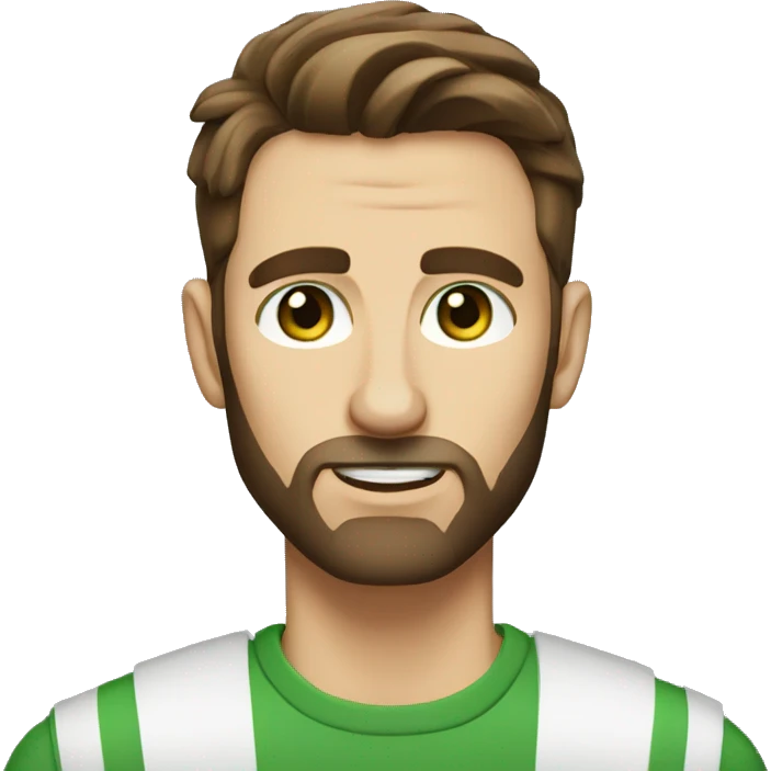 man, short brown hair, short beard, VERY LONG AND POINTY nose, white, green eyes emoji