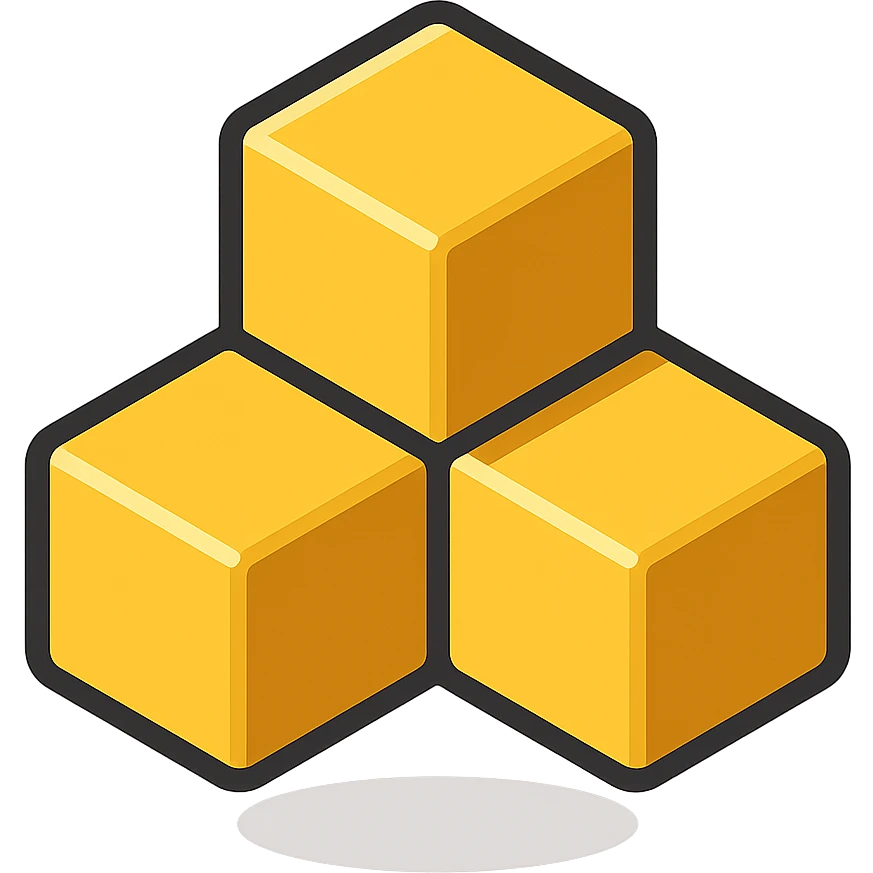 Transform this symbol of three connected golden cubes into a compact emoji. Maintain the isometric style with clean lines and a metallic golden finish. Adjust proportions and details for legibility at small sizes, ensuring a friendly and recognizable emoji appearance. Transparent background. emoji