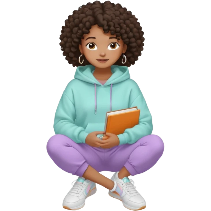 Black girl, clean girl aesthetic, 4C curly hair in a puff, pastel hoodie, white sneakers, minimal jewelry, soft smile, cozy vibe, bright colors, Apple-style she is studying  emoji