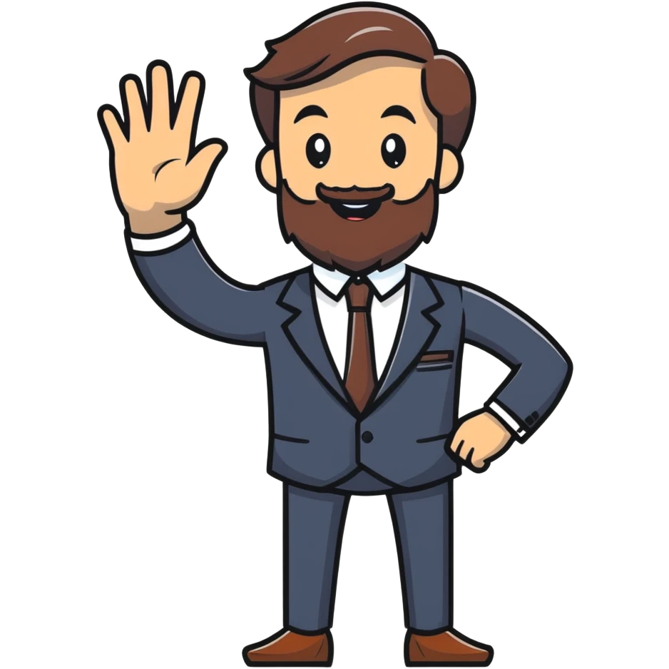 cheerful bearded businessman in suit waving hello emoji