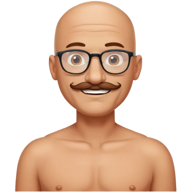 Passionate Bald Man with mustache, eyeglasses, and no shirt happy in love emoji