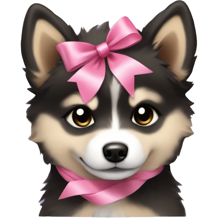 One black and beige pomsky puppy with a pink ribbon in his head emoji