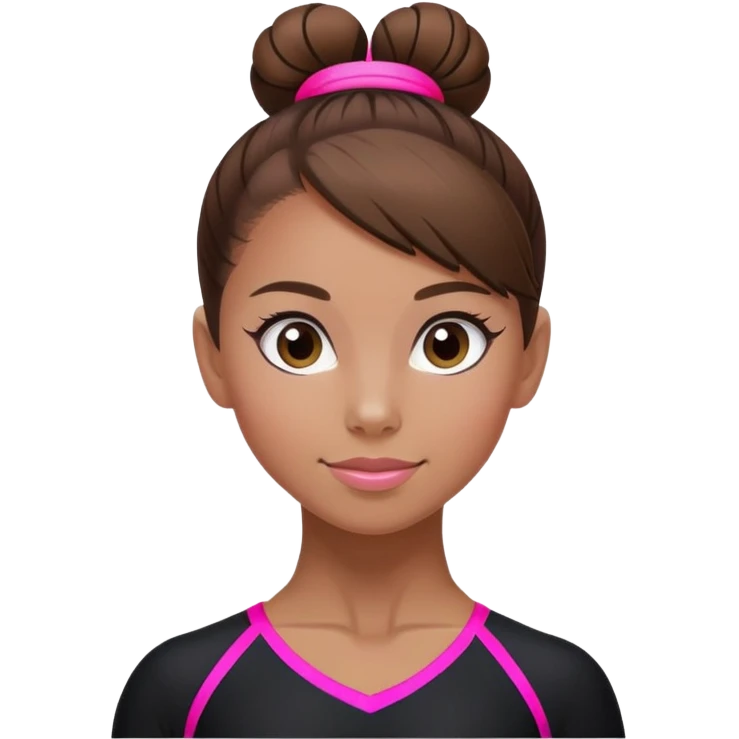 A female gymnast with brown hair in a neat bun, wearing a black uniform with neon pink elements. emoji