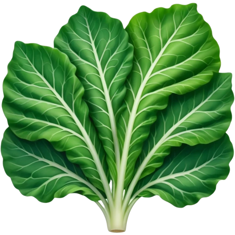 single chard leaf with broad vibrant green blades and thick white rib running down the center, slightly crinkled matte texture, natural curves, visible veins, no bunch soil or extras, soft lighting, subtle shadows, emoji scale emoji