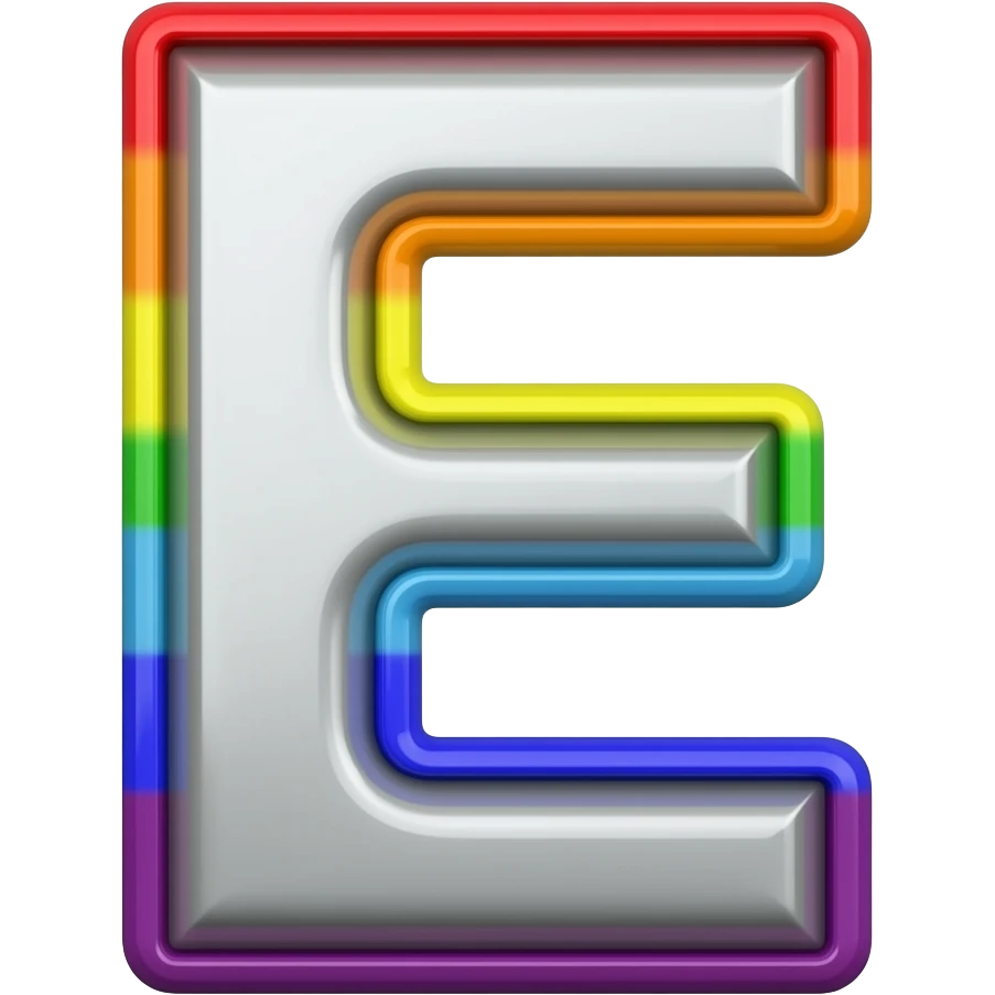name "E" in silver, 3D style typography lettering, each color of the rainbow as a border outlined around each letter, isolated, 3d rendering, no emoji icons no emoji faces and must have no human figures emoji