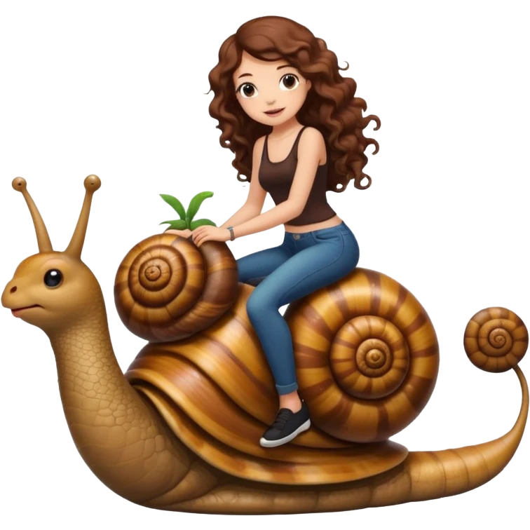 cute woman long curly brown hair tattoos riding giant snail emoji