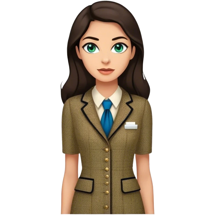a 30 year old female venture capitalist with 50% greek and 50% american genes, 6 ft tall, long dark brown hair and blue/green eyes, wearing a chanel tweed professional dress, tan skin (make teh eyes a little less bright) emoji