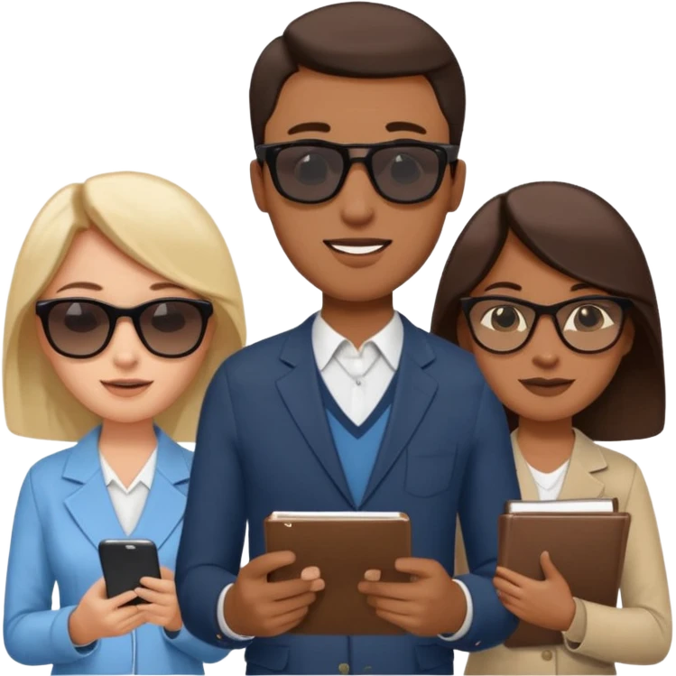 Команда в костюмах из трёх человек. на переднем палне Мужчина впереди общается по смартфону, дальше женщина слева стоит с ноубуком, мужчина справа держит бумаги. У всех людей разные, но позитивные эмоции. Все троя в солнцезащитных очках emoji