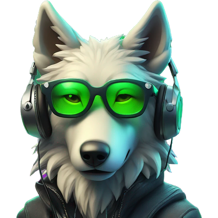 A beautiful cyberpunk Wolf on neon green lights around wearing sunglass and headphones emoji