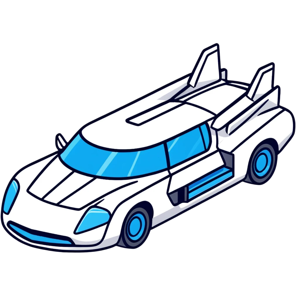 Retro-futuristic hover car inspired by the DeLorean, gullwing doors, silver metallic body with blue-tinted windows, stylized jet boosters in the back, flat vector style, outlined shapes, minimal design emoji